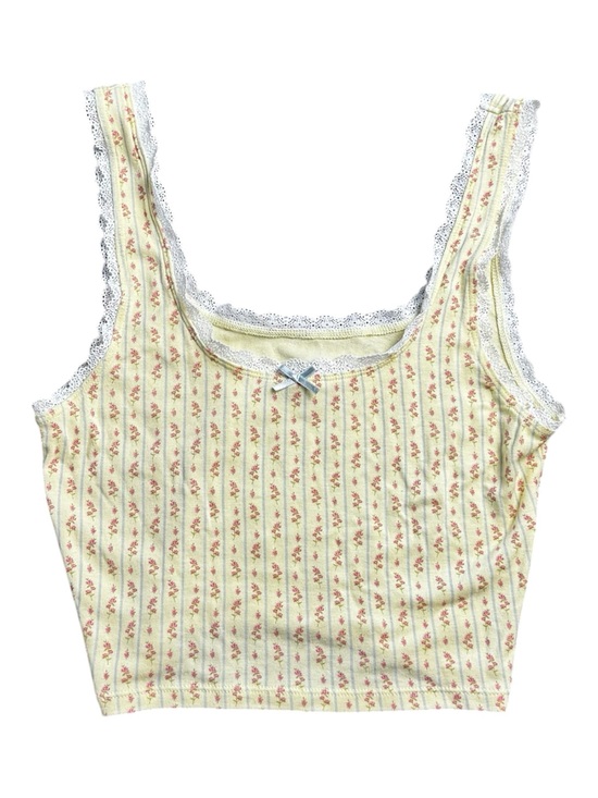 EST.PAC 1980 Tops - Floral Striped Yellow Lace-Trim Crop Tank